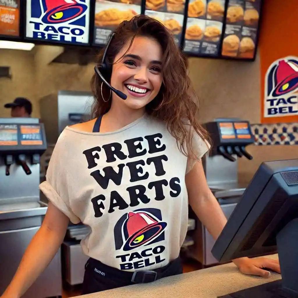 A smiling woman wearing a Taco Bell headset and a beige t-shirt with the text 'FREE WET FARTS' and the Taco Bell logo stands…