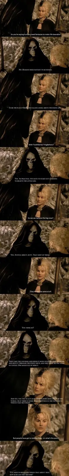 A vertical comic strip featuring a dialogue between a skeletal, hooded figure and a woman with blonde hair and a black…
