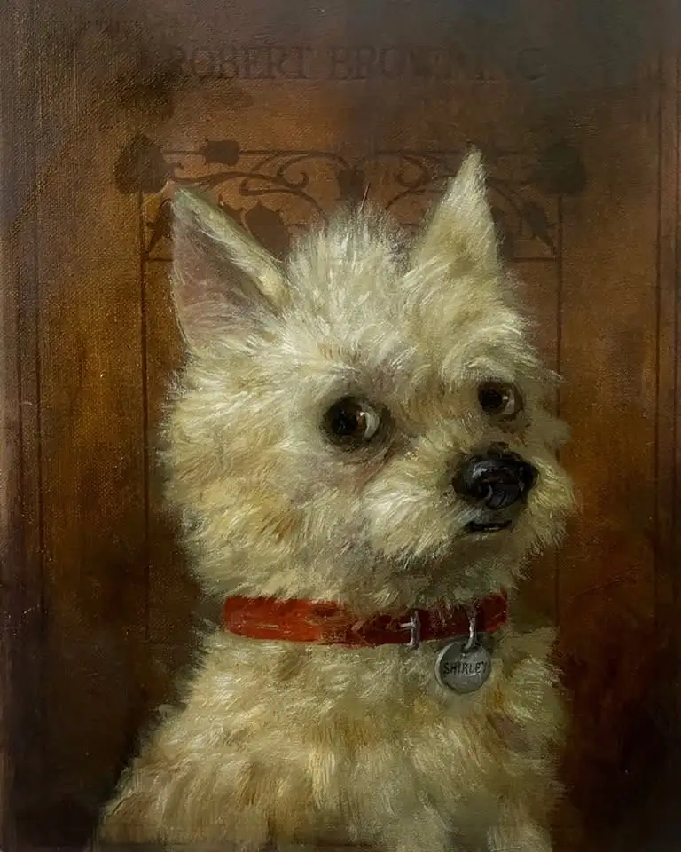 A classical oil painting of a fluffy, light-colored terrier-like dog wearing a red collar with a silver tag that reads…