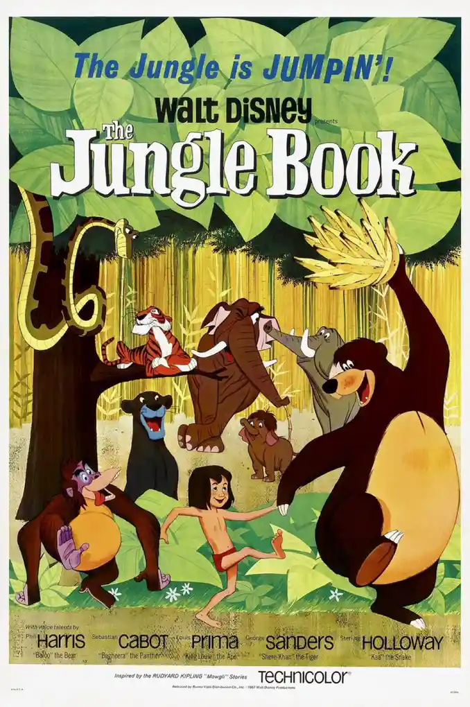 This is a vintage Walt Disney movie poster for 'The Jungle Book' (1967), featuring classic animated characters like Baloo…