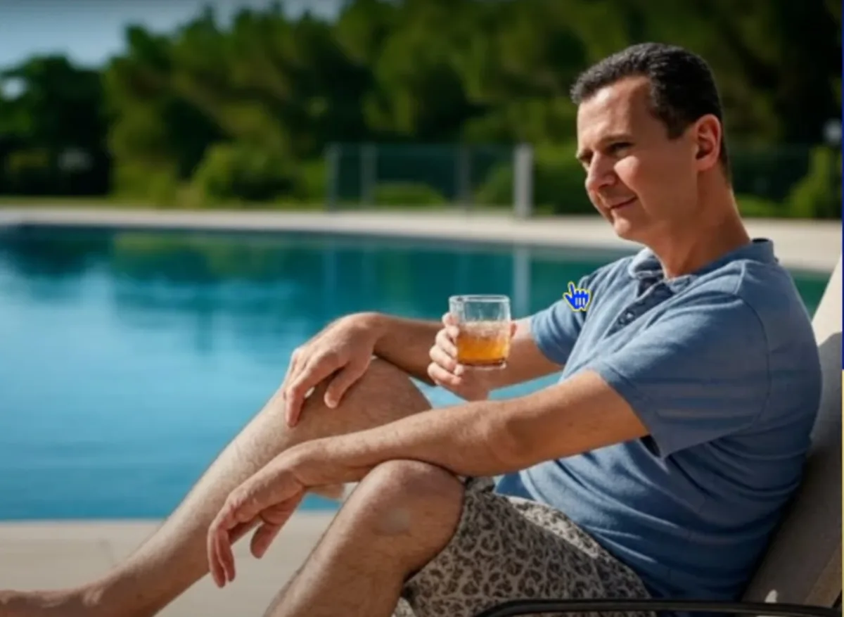 A man in a blue polo shirt and leopard-print shorts sits relaxed on a poolside lounge chair, holding a glass of…
