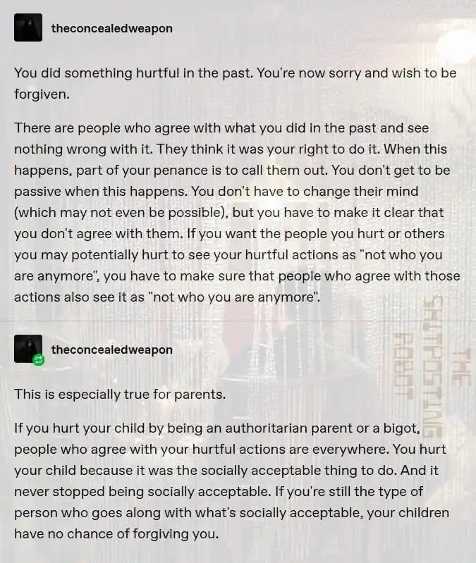 A screenshot of a social media post with two paragraphs of text overlaid on a blurred background image of a person in a…