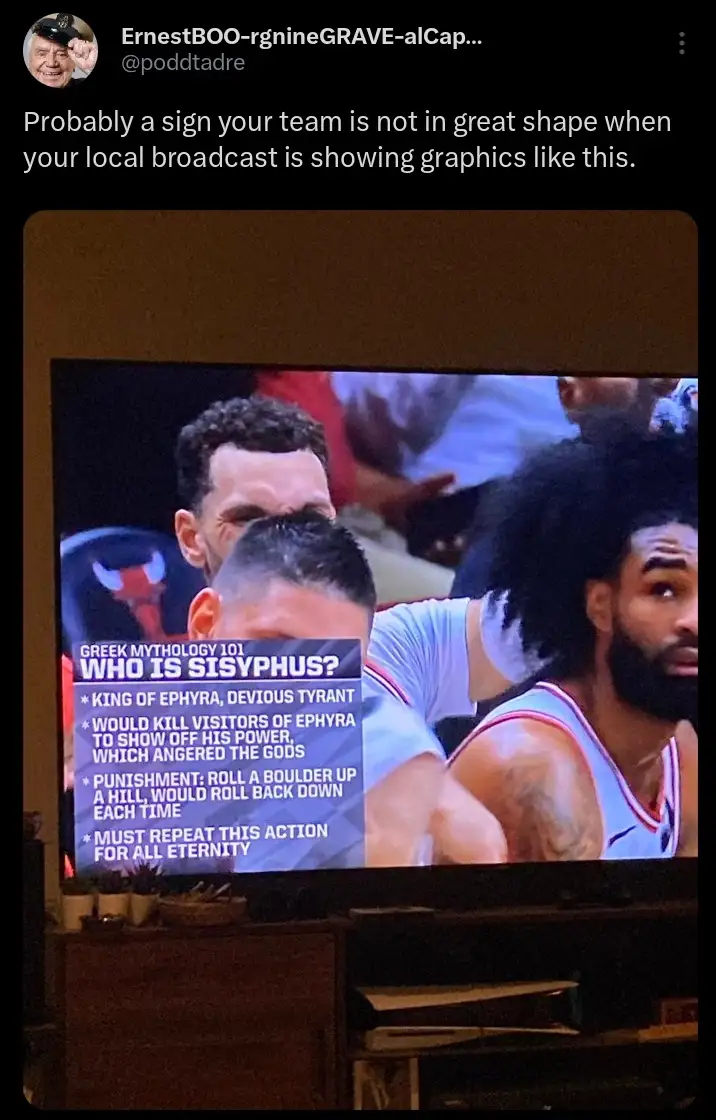A photo of a television screen showing a basketball game with an overlaid graphic titled 'GREEK MYTHOLOGY 101 WHO IS…