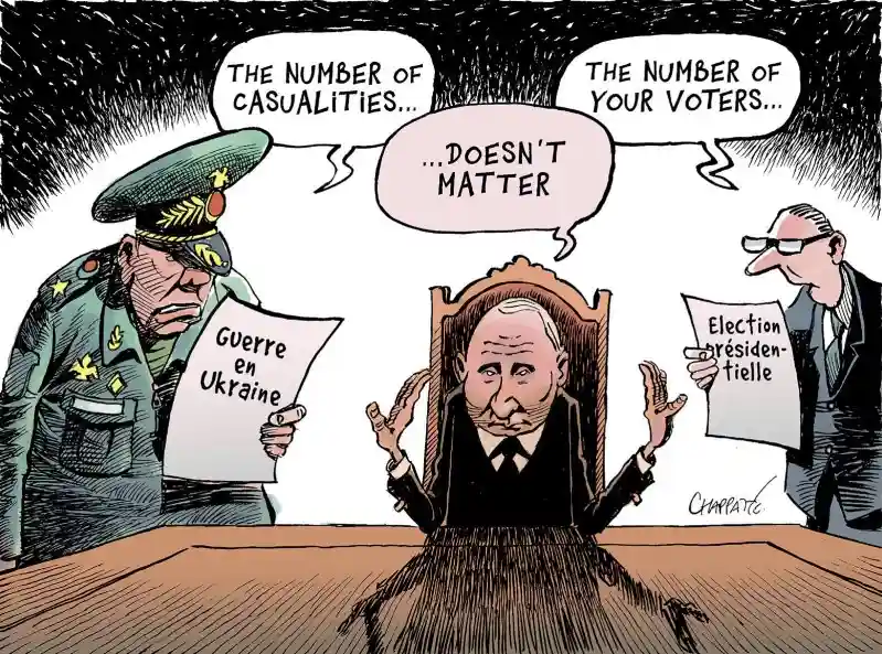 A cartoon depicts a man in a military uniform holding a sign reading 'Guerre en Ukraine' (War in Ukraine) and another man in…