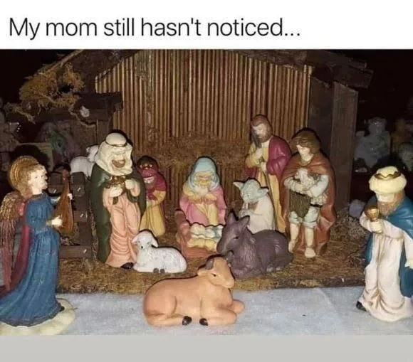 A photo of a traditional plastic nativity scene with figurines of Mary, Joseph, baby Jesus in a manger, shepherds, angels…