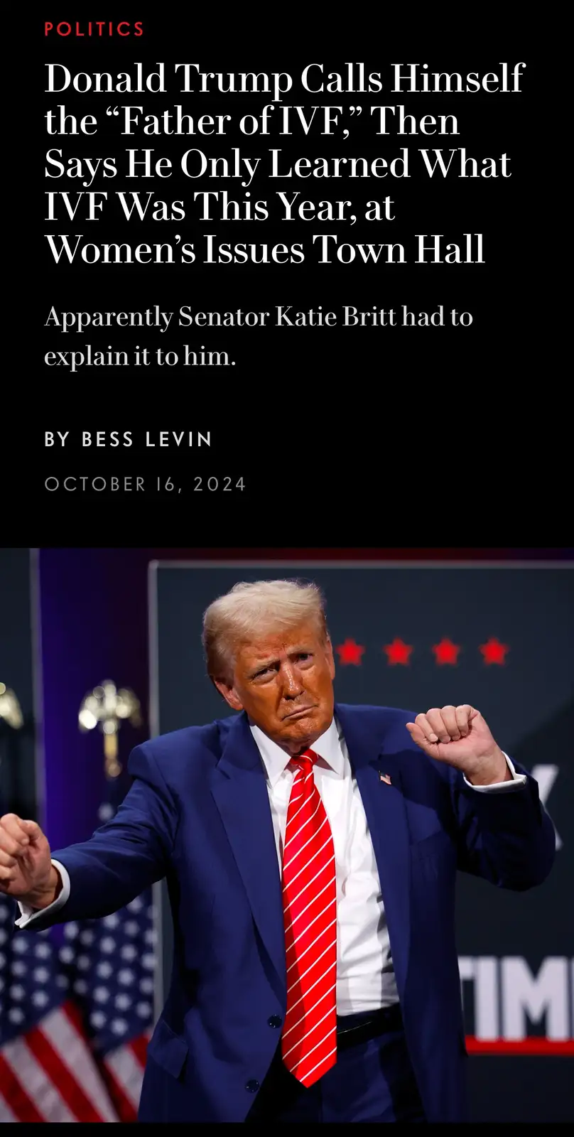 The image displays a news article headline about Donald Trump calling himself the 'Father of IVF' and claiming he only…