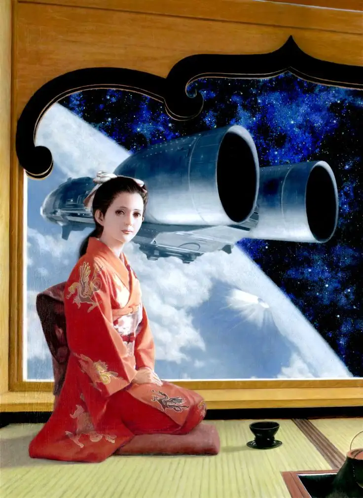 A woman in a traditional red kimono sits on a tatami mat in a Japanese-style room, looking calmly at the viewer. Behind her…
