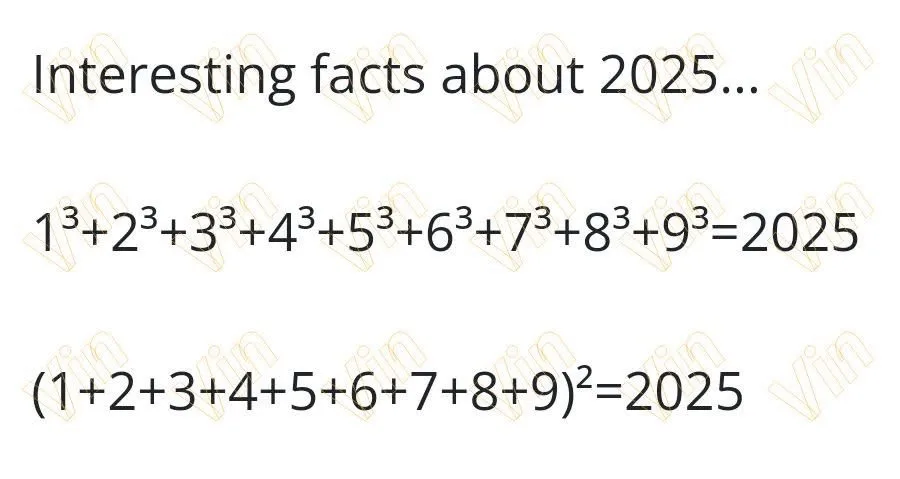 A white background image displays two mathematical equations that both equal 2025, presented as 'Interesting facts about…