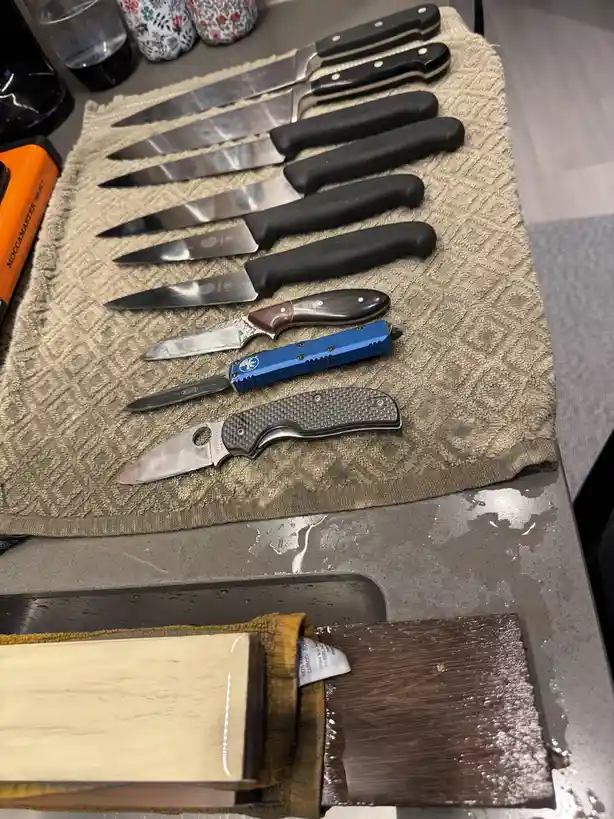 A collection of knives, including several kitchen knives with black handles and three folding knives (one blue, one with a…