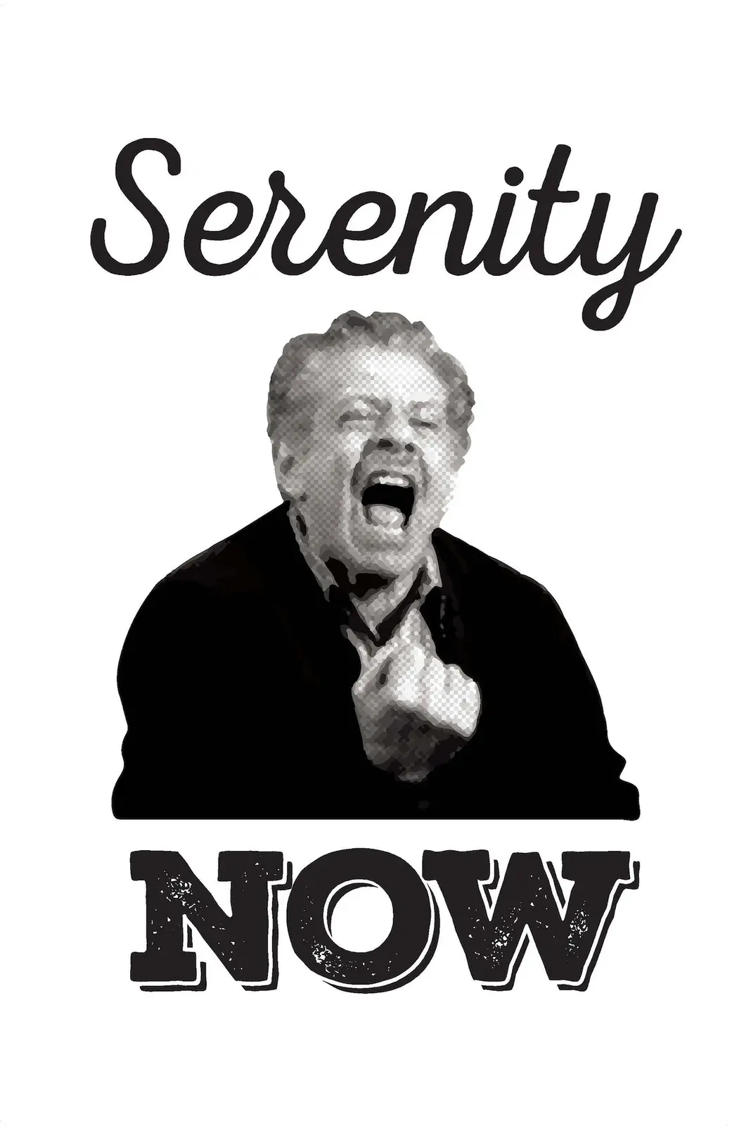 A black and white image shows a man with his eyes closed and mouth wide open in an expressive yell, his hand near his…