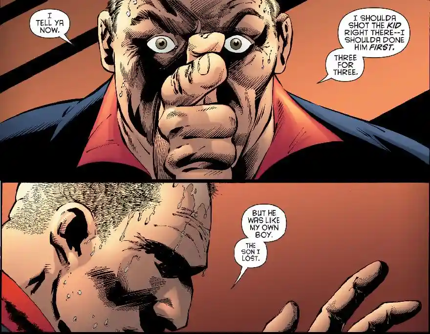 A comic book panel shows a man with a horrified expression, sweating and pointing his finger, saying he should have shot a…