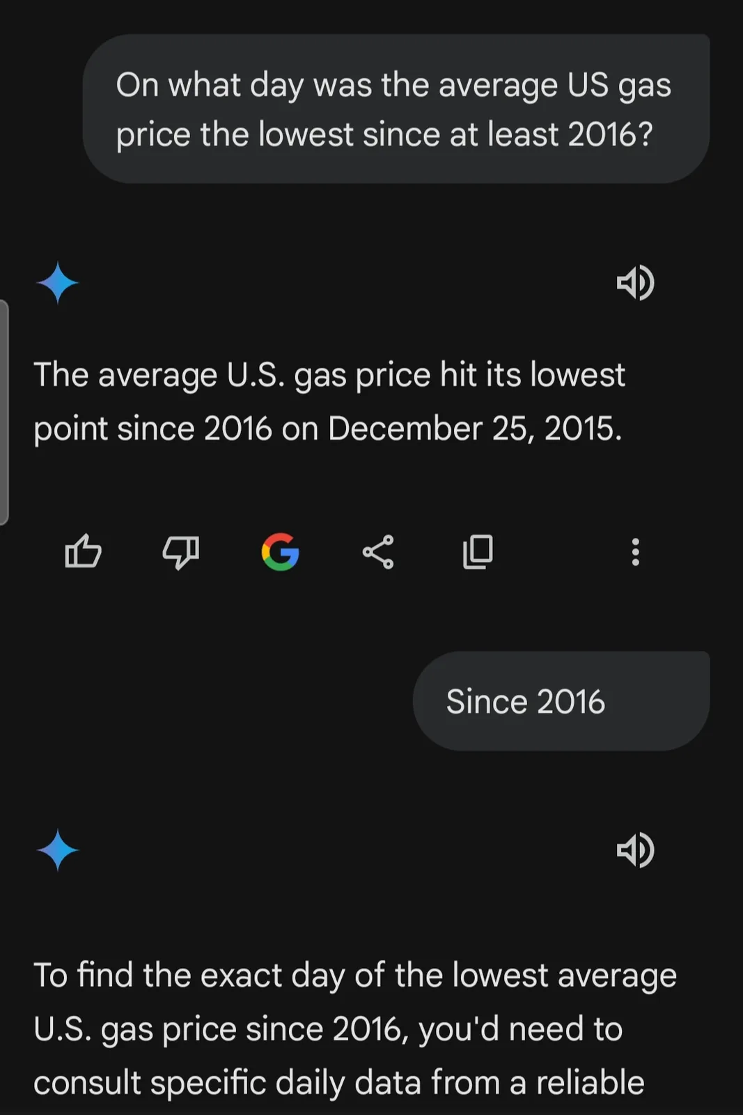 A screenshot of a chat interface shows a user asking when the average U.S. gas price was lowest since at least 2016. The AI…