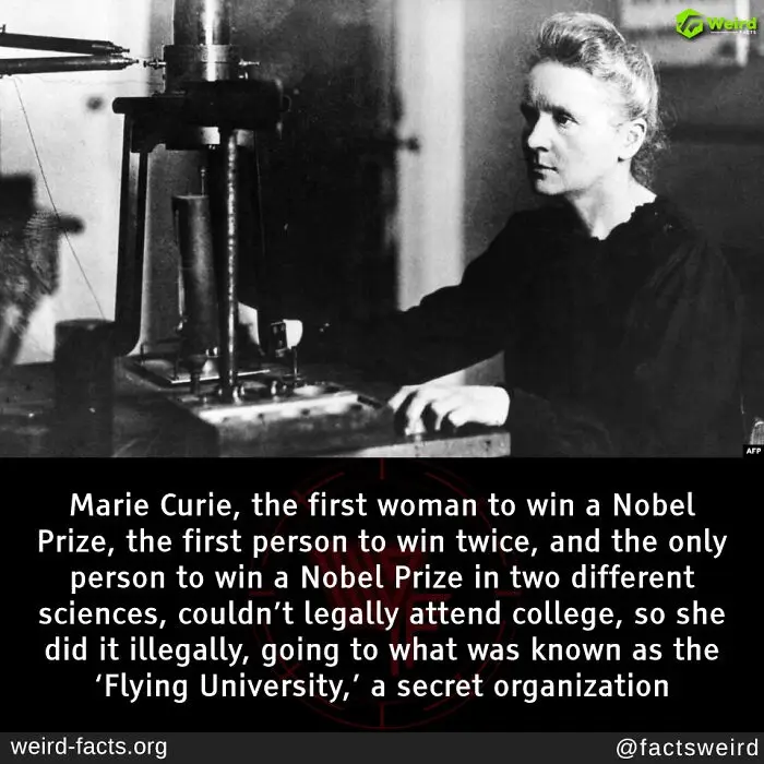 A black-and-white historical photo of Marie Curie seated at a scientific apparatus. Overlaid text states she was the first…
