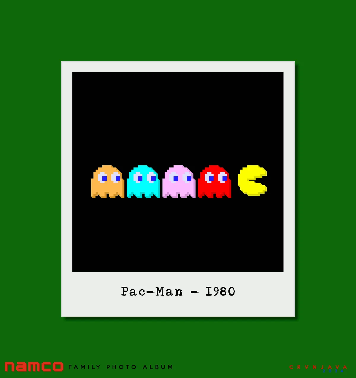 Six Polaroid-style photos arranged in a 3x2 grid on a green background, each showing a screenshot from a classic Namco video…
