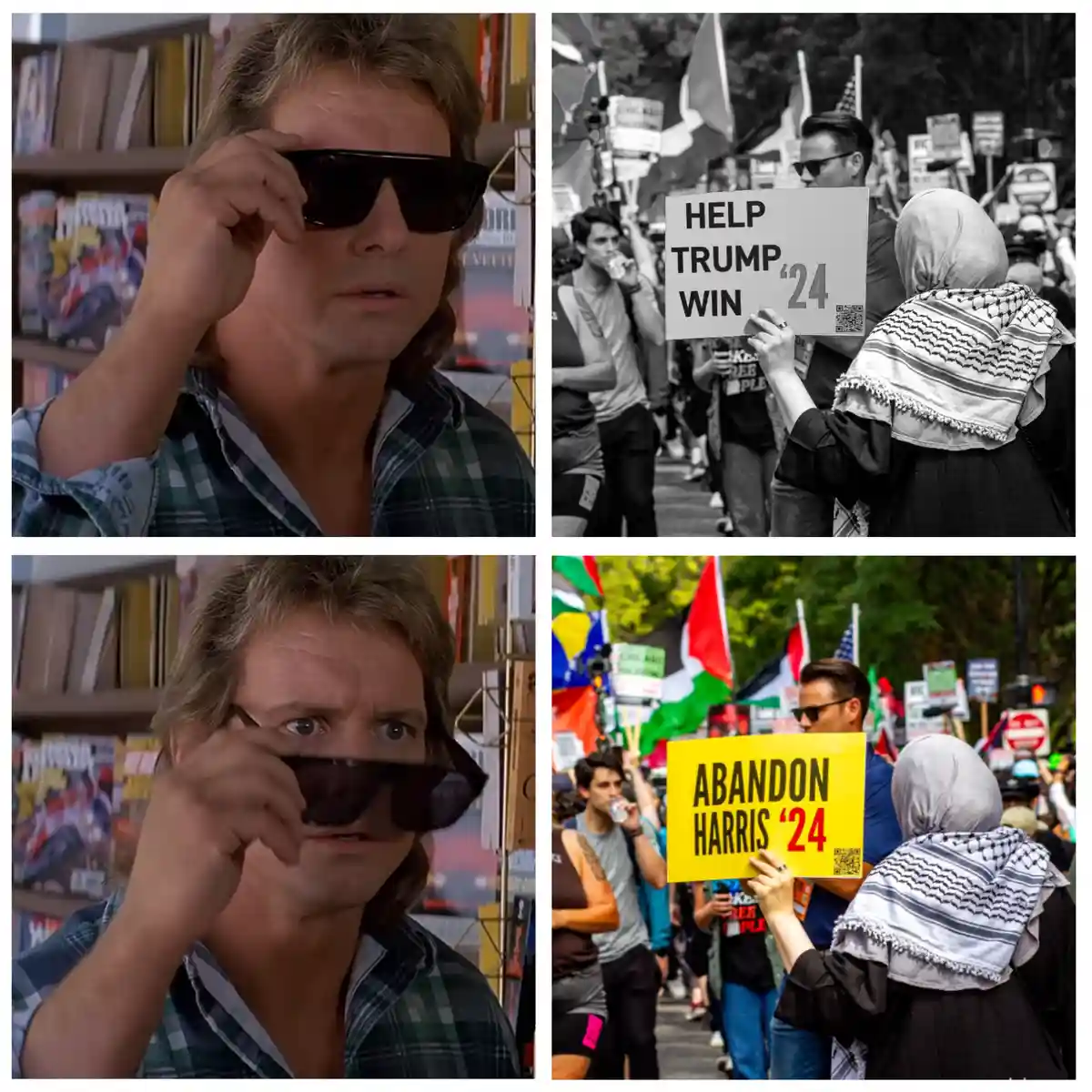 A four-panel meme juxtaposes a man removing his sunglasses to reveal a shocked expression with two protest scenes. One…