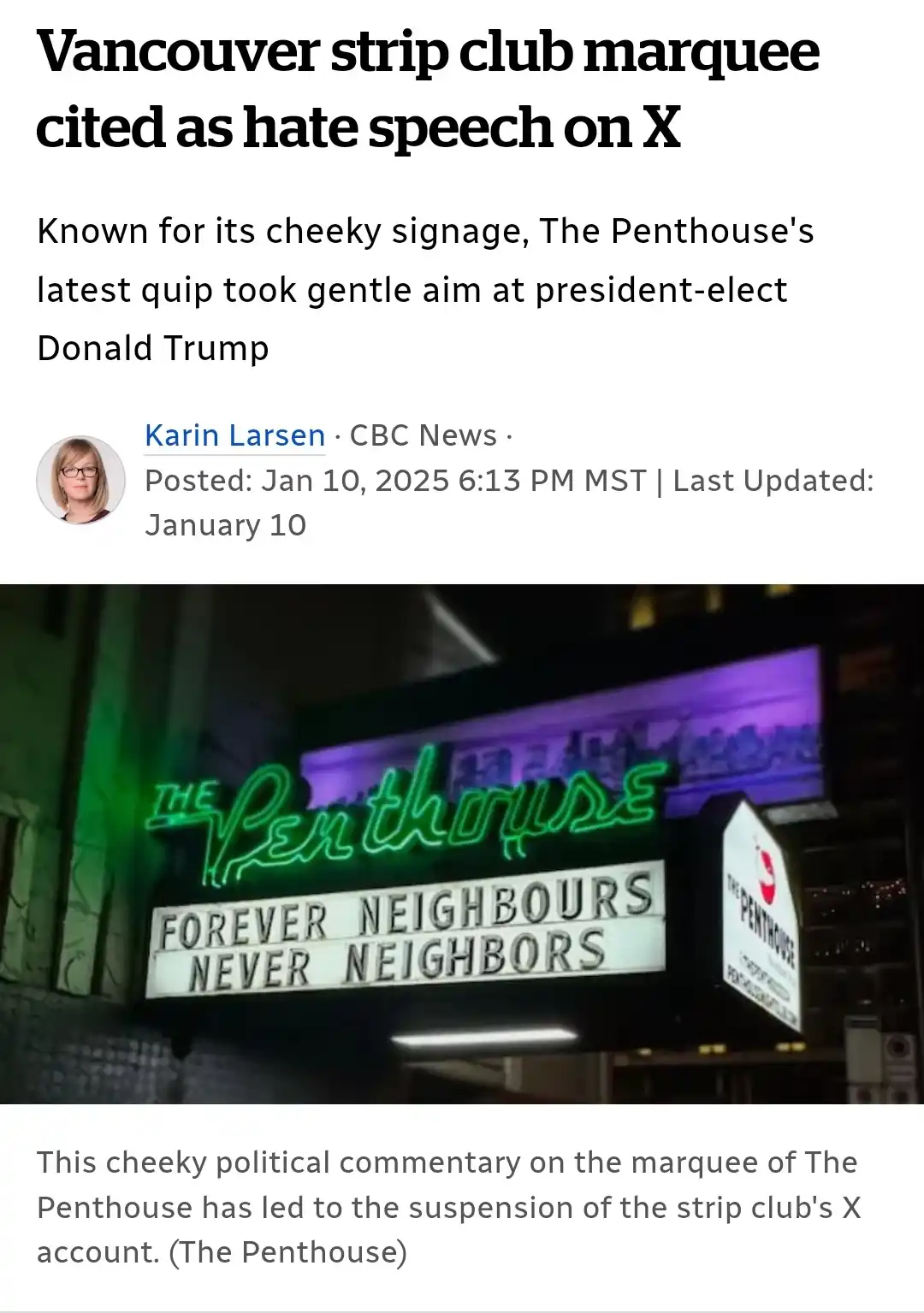 A news article screenshot shows a neon sign for 'The Penthouse' strip club with the text 'FOREVER NEIGHBOURS NEVER…