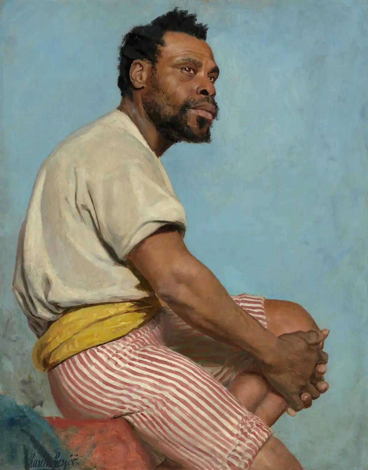 A classical oil painting depicts a Black man in profile, seated and wearing a white shirt, red-and-white striped pants, and…