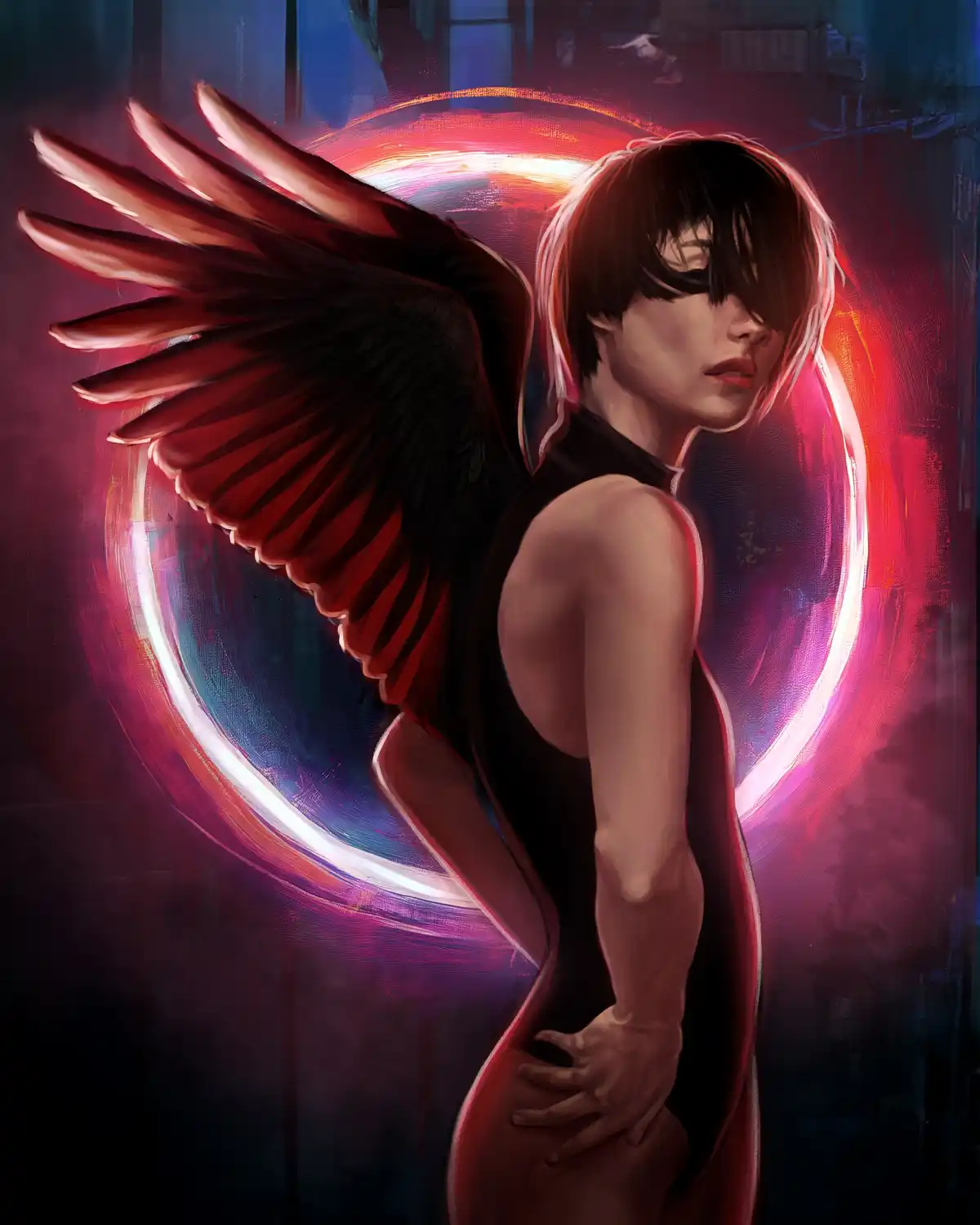 A digital painting shows a person with short dark hair and red-tinted wings, wearing a black outfit, standing in front of a…