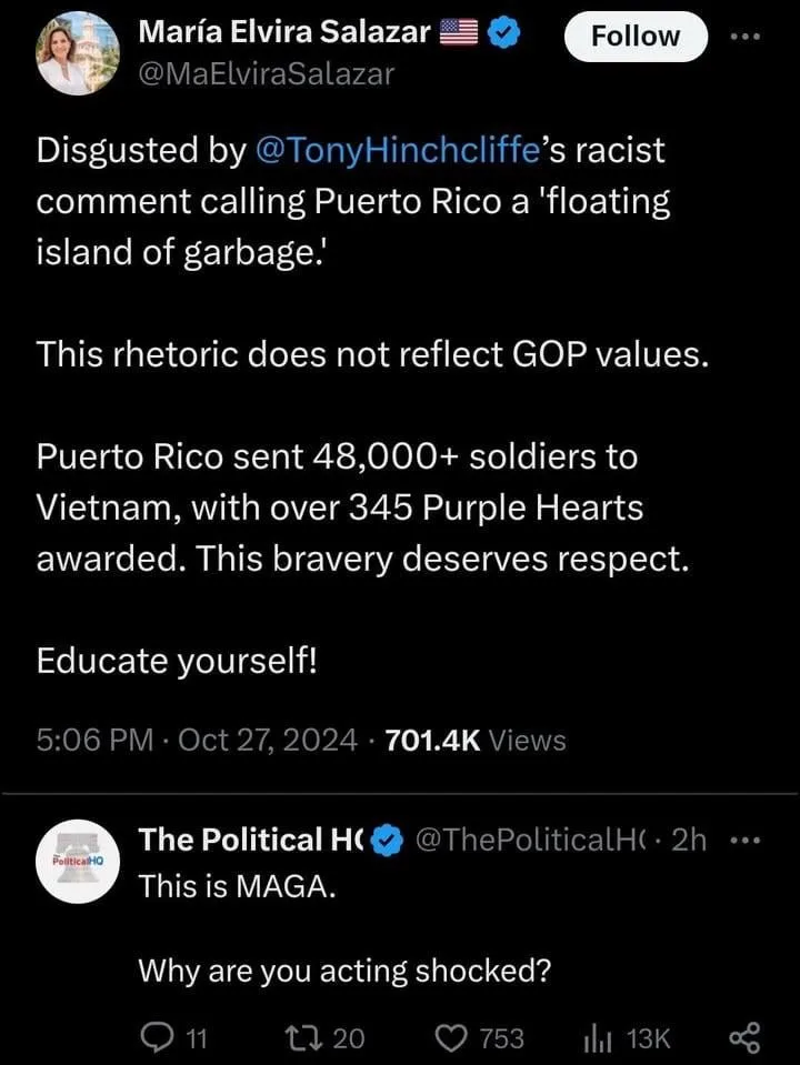 A screenshot of a Twitter thread shows Rep. María Elvira Salazar condemning a racist comment about Puerto Rico, highlighting…