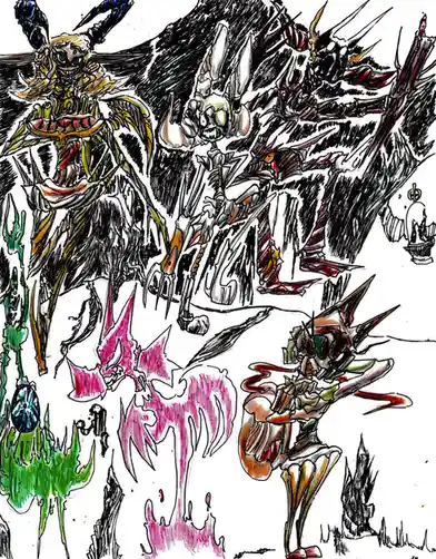 A chaotic, hand-drawn illustration features multiple grotesque, monstrous figures with exaggerated, demonic features like…