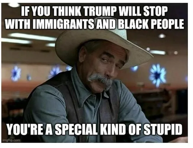 A man with a mustache and cowboy hat looks smugly at the camera. The text overlaid on the image reads: 'IF YOU THINK TRUMP…