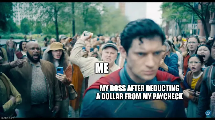 A still from a movie showing Superman in a crowd of people reacting with shock and anger. Text overlaid on the image reads…