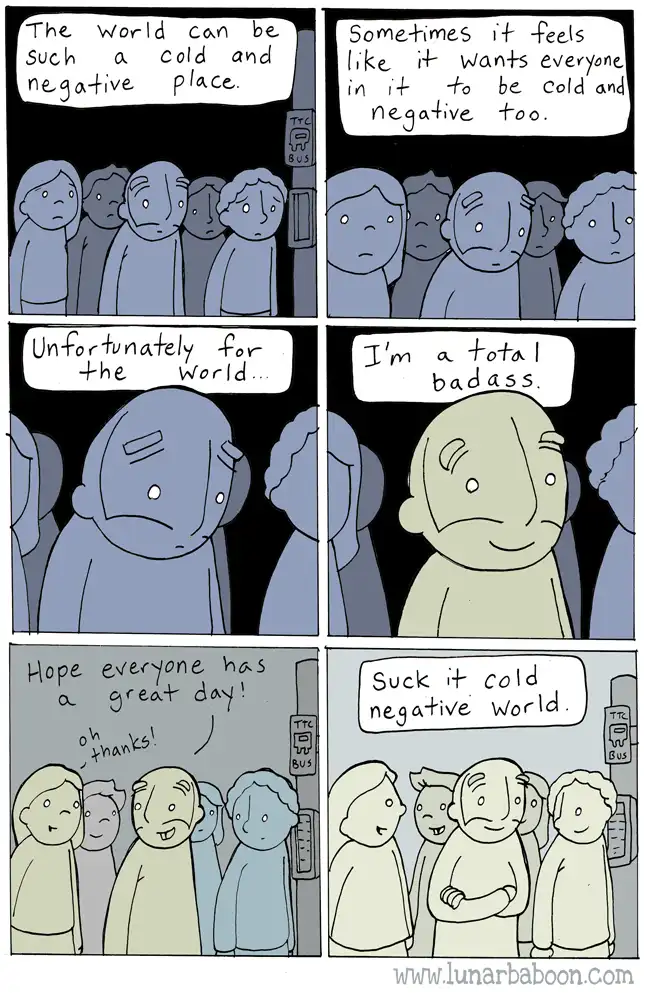 A six-panel comic strip shows a group of people looking gloomy on a bus stop. One man, initially blue and sad, declares he's…
