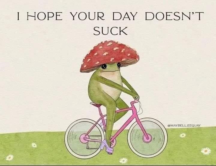 A cartoon illustration of a green frog wearing a red-capped mushroom as a hat, riding a pink bicycle across a grassy field…