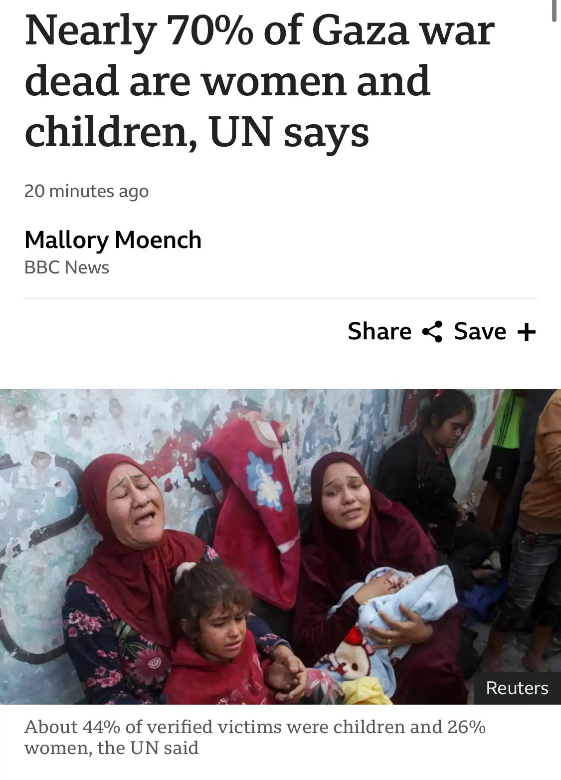 A screenshot of a BBC News article with a headline stating 'Nearly 70% of Gaza war dead are women and children, UN says'…