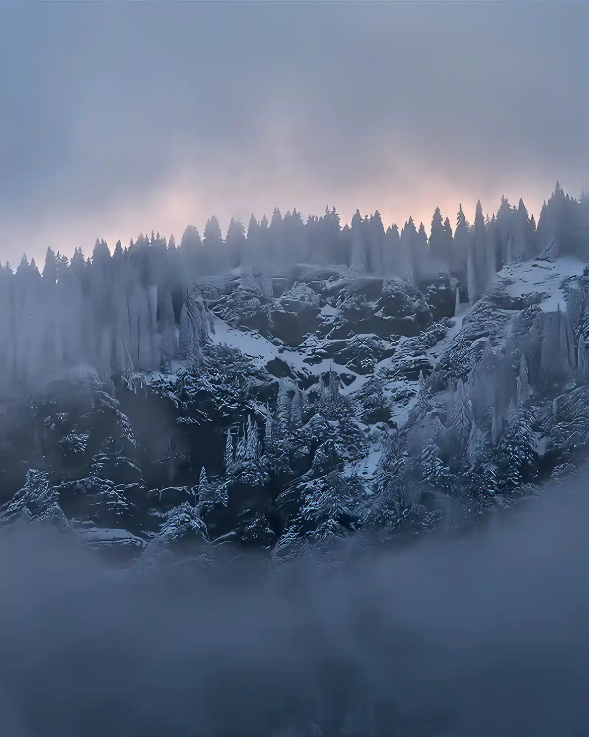 A serene, misty winter landscape featuring snow-covered pine trees and rocky terrain under a pale sky, overlaid with the…