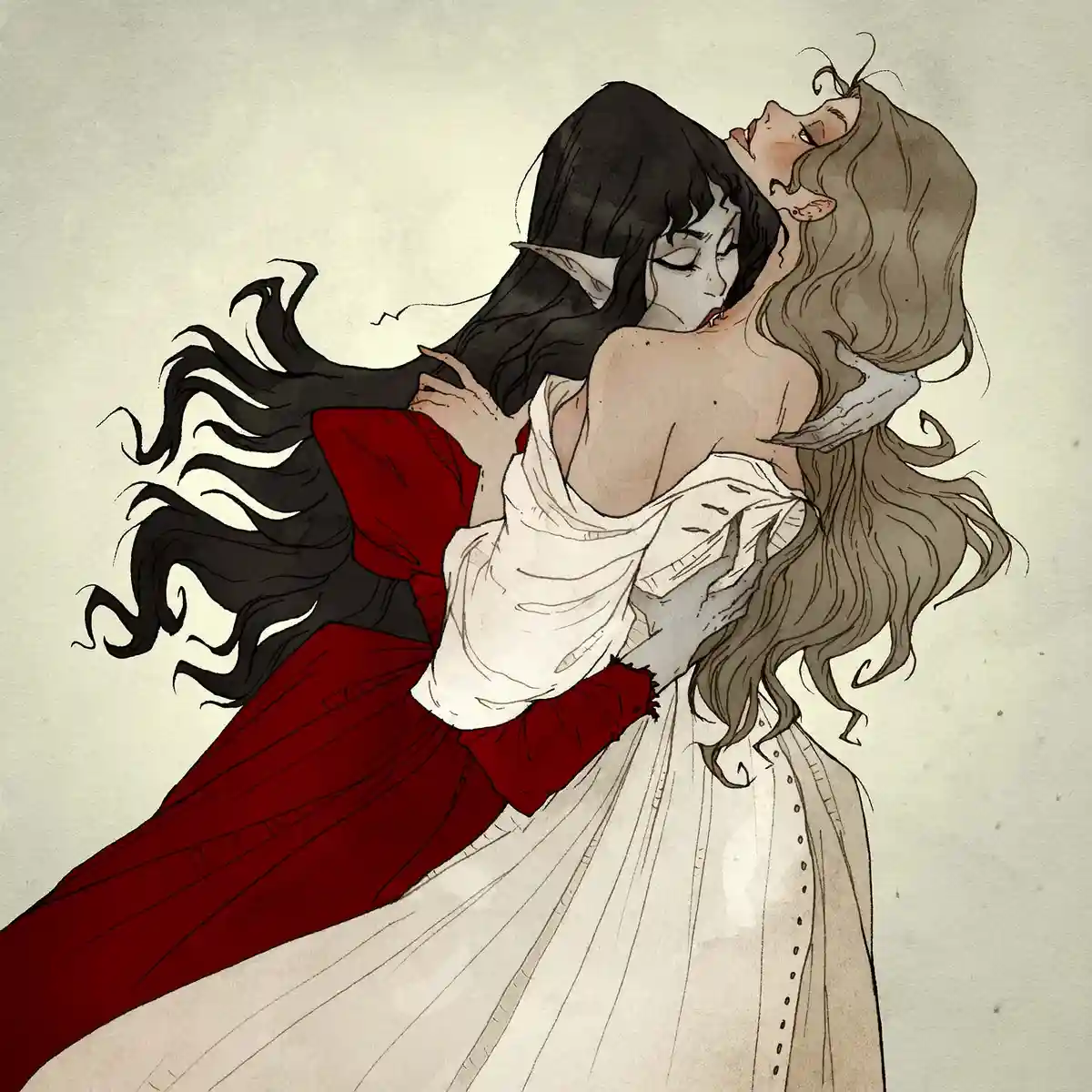 An illustration depicts two women in an intimate embrace; one with dark hair and pointed ears in a red dress, the other with…