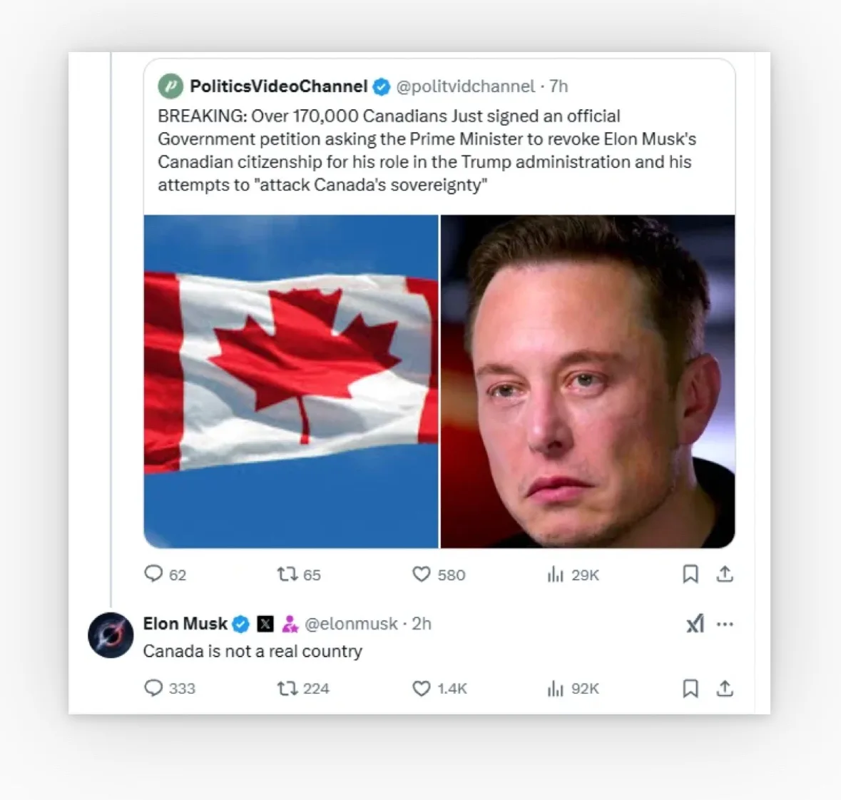 A screenshot of a Twitter thread shows a tweet from PoliticsVideoChannel reporting that over 170,000 Canadians signed a…