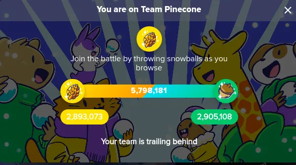 A game interface shows a scoreboard with three animal teams competing by throwing snowballs. The user's team, 'Team…