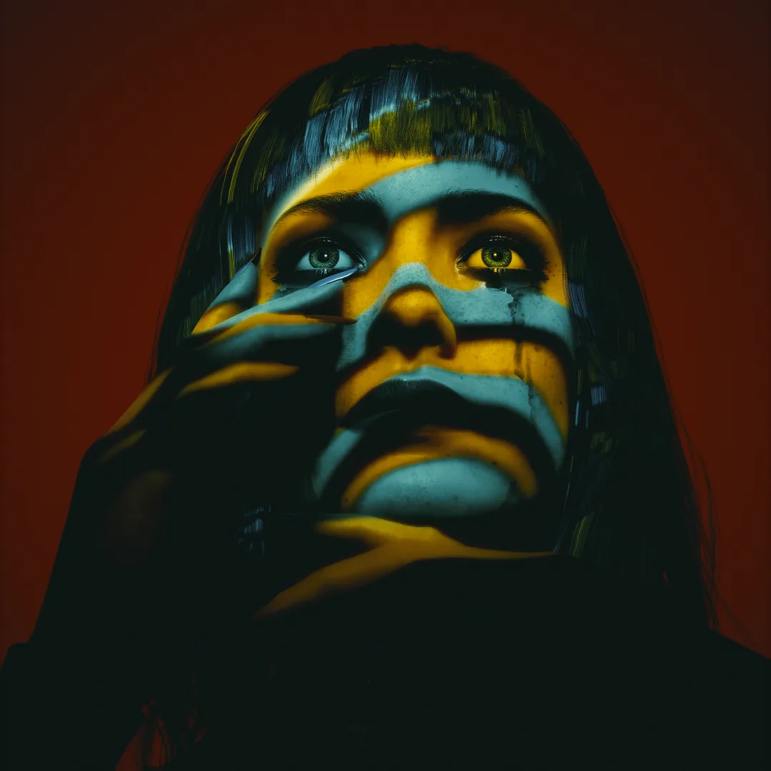 A person with dark hair and intense eyes looks upward, their face dramatically lit with alternating yellow and blue light…
