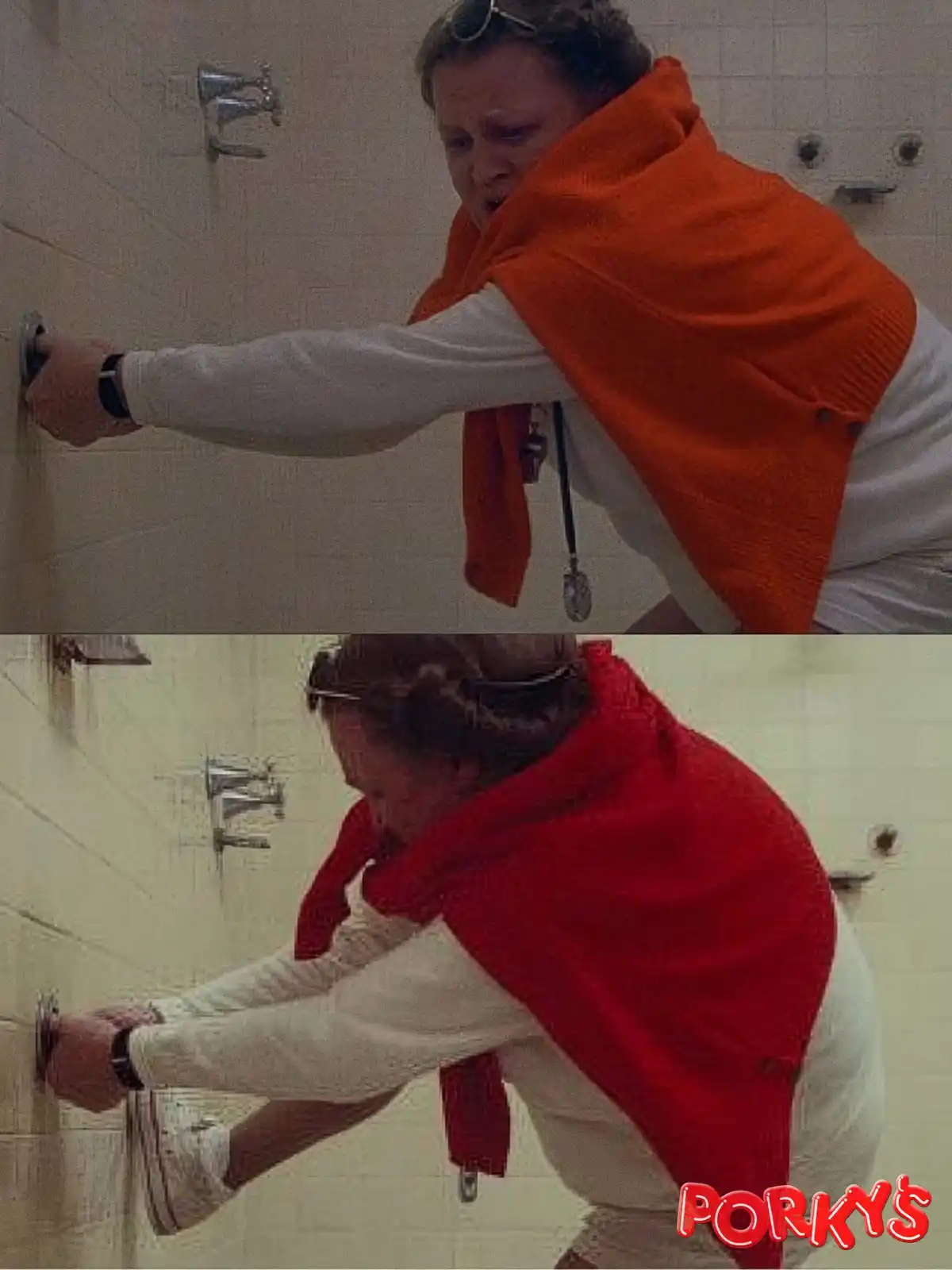 A split-screen image shows a man in a white shirt and orange sweater vest, with sunglasses on his head, struggling to turn a…
