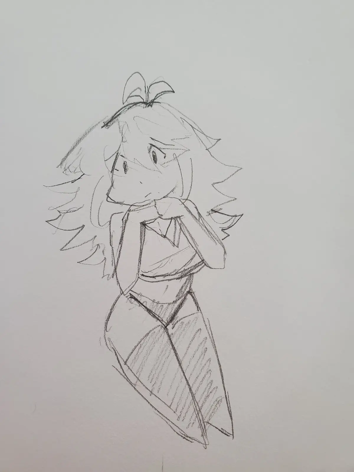 A simple pencil sketch of an anime-style girl with spiky hair and a bow, looking sideways with a tired expression while…