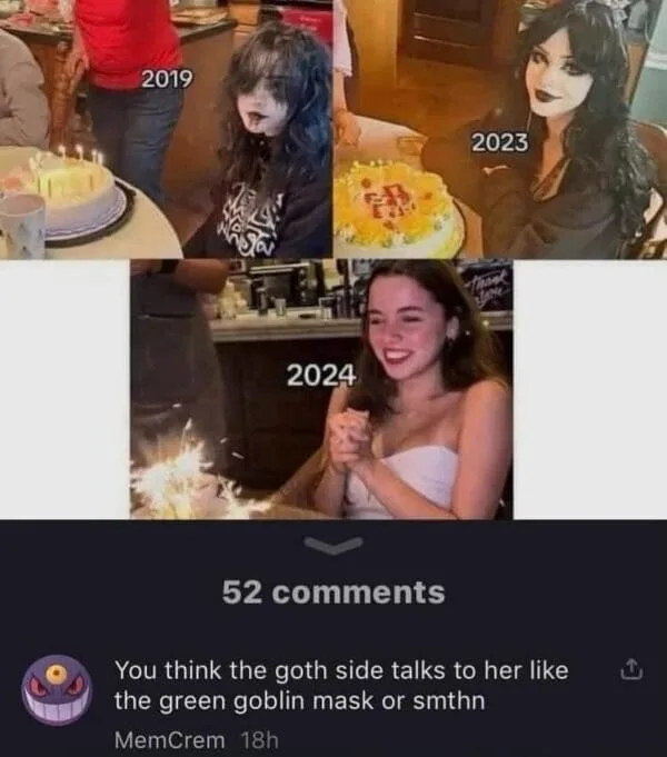 A three-panel image shows a woman at birthday celebrations in 2019, 2023, and 2024. In 2019, she has dark hair and a goth…