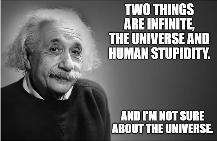 A black-and-white photo of Albert Einstein with a slight smirk, overlaid with bold white text stating 'TWO THINGS ARE…