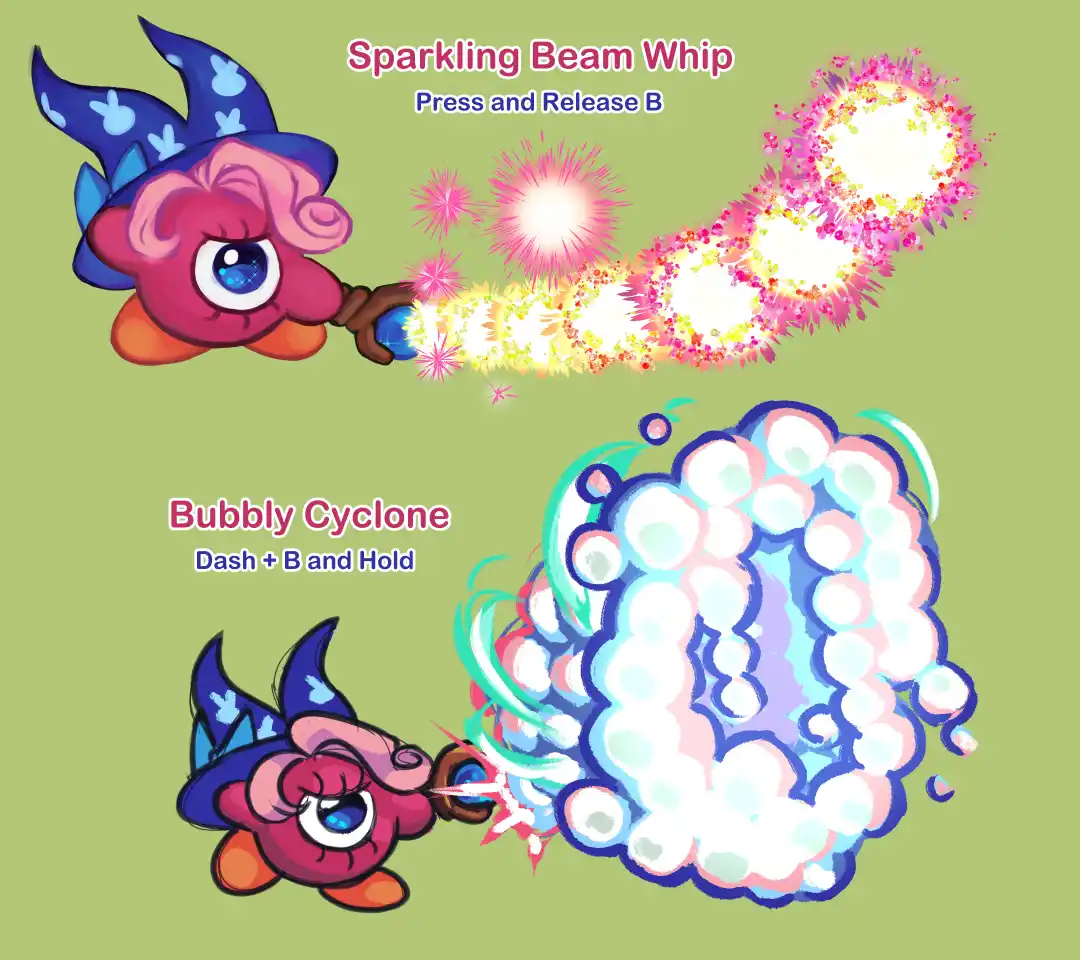 A pink, cartoonish character with a blue witch hat wields two different attacks: the top shows a sparkling beam whip with…