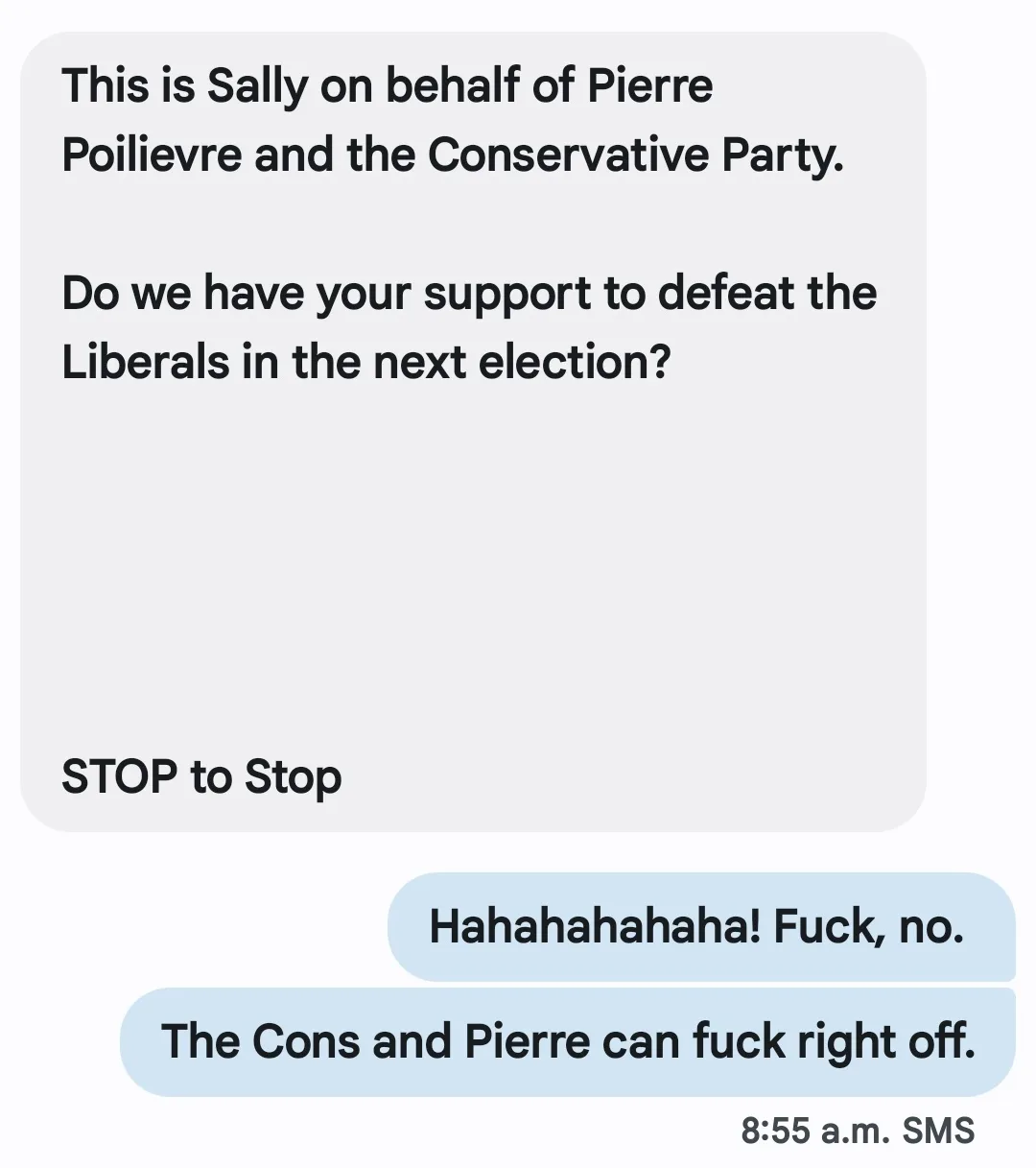 A screenshot of a text message conversation shows a political outreach message from 'Sally on behalf of Pierre Poilievre and…