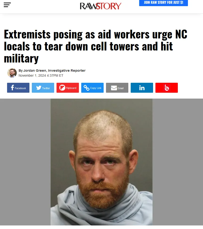 A mugshot of a man with a shaved head and reddish beard wearing a light blue hoodie, overlaid with the headline text from a…