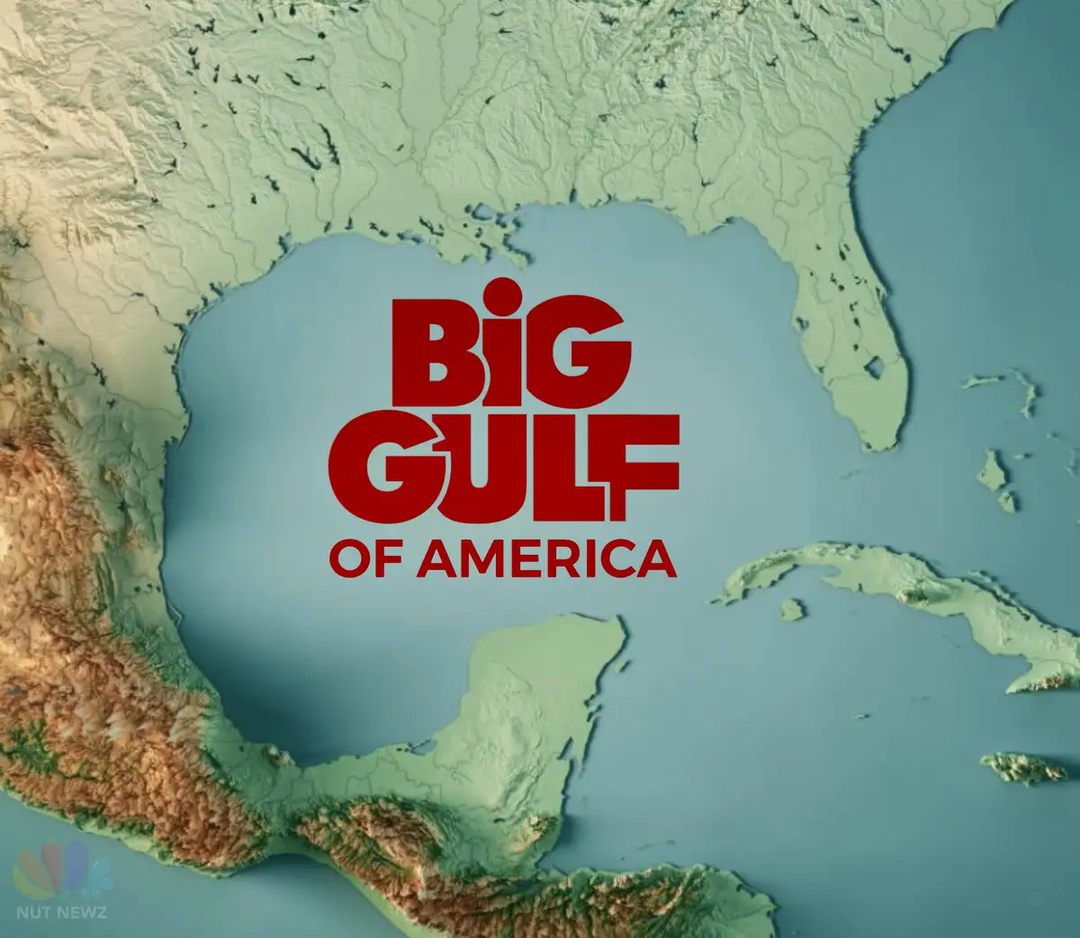 A 3d map image shows the Gulf of Mexico surrounded by the United States, Mexico, and the Caribbean islands. Overlaid in…