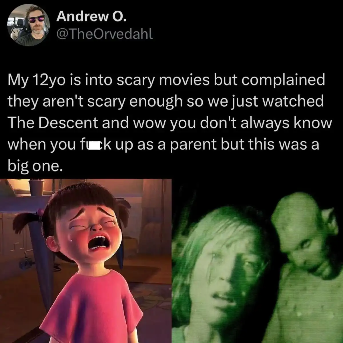 The image is split: on the left, a cartoon girl from 'Despicable Me' is crying dramatically with her eyes shut and mouth…