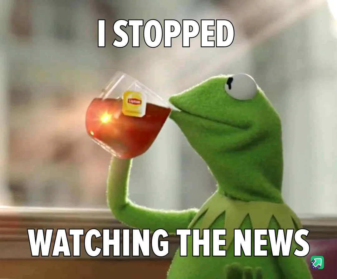 A green frog puppet, Kermit the Frog, is shown sipping tea from a glass with a Lipton tea bag visible, looking calm and…