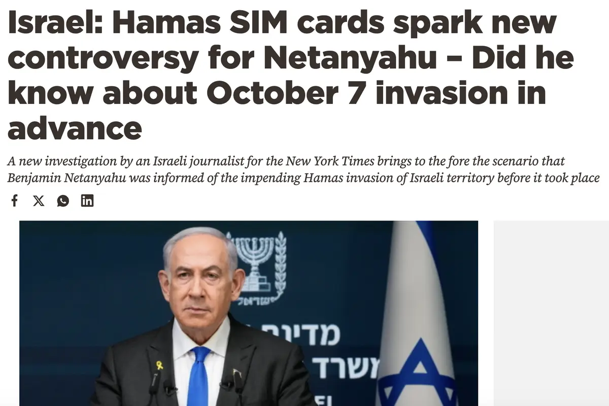 A screenshot of a news article headline featuring a photo of Israeli Prime Minister Benjamin Netanyahu at a press…