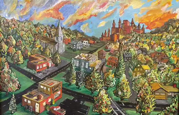 A colorful, painterly depiction of a small town with a church, houses, and a diner named 'LONNY'S Diner' in the foreground…