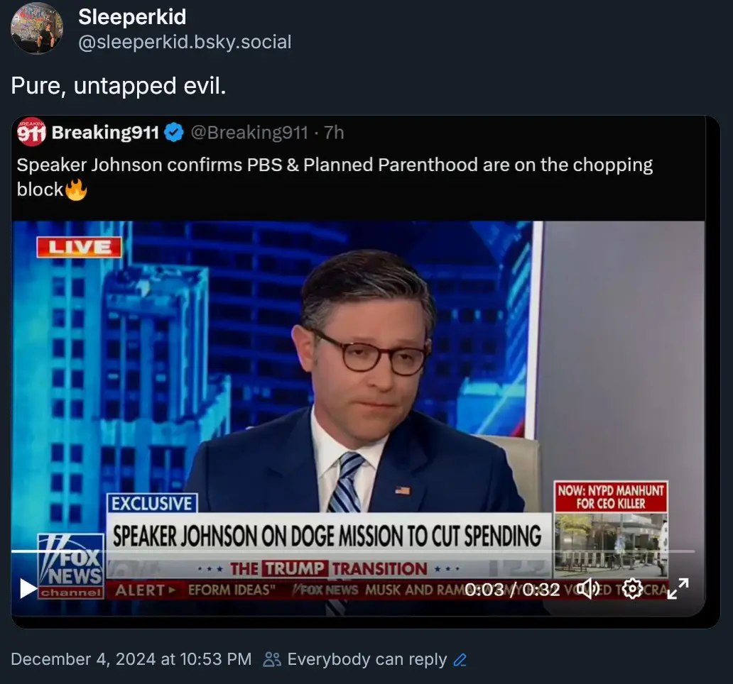 A screenshot of a tweet by 'Sleeperkid' showing a Fox News video clip of a man in a suit and glasses looking downcast. The…