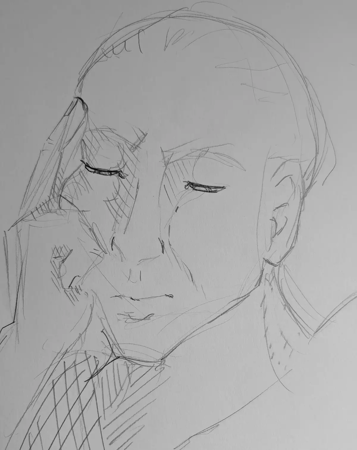 A rough pencil sketch of a person's face with closed eyes and a slightly downturned mouth, conveying a look of exhaustion or…