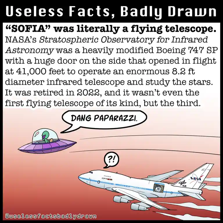 A cartoon depicts a UFO with a green alien pilot flying near a NASA SOFIA aircraft, which has a large side door open. The…
