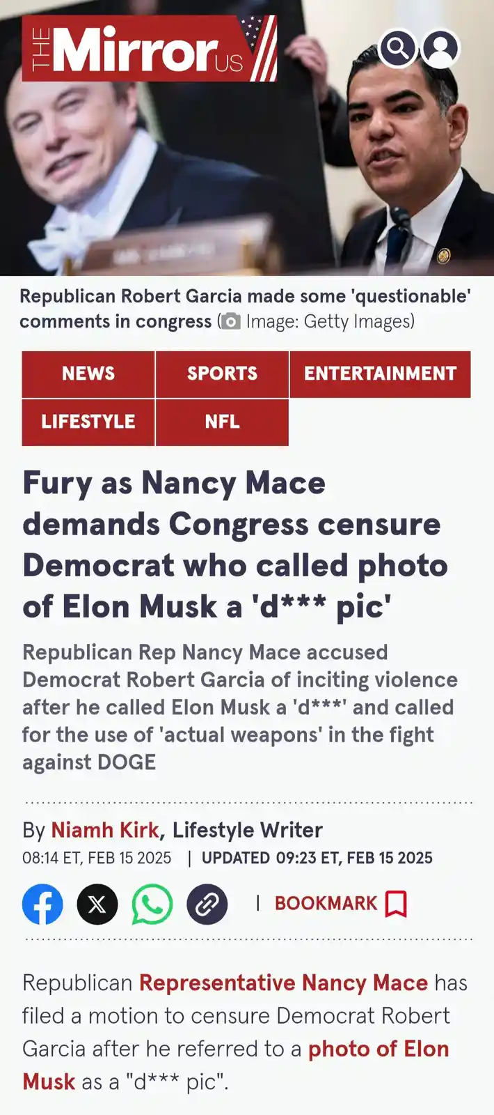 A screenshot of a The Mirror US news article shows a photo of Elon Musk and Representative Robert Garcia. The headline and…